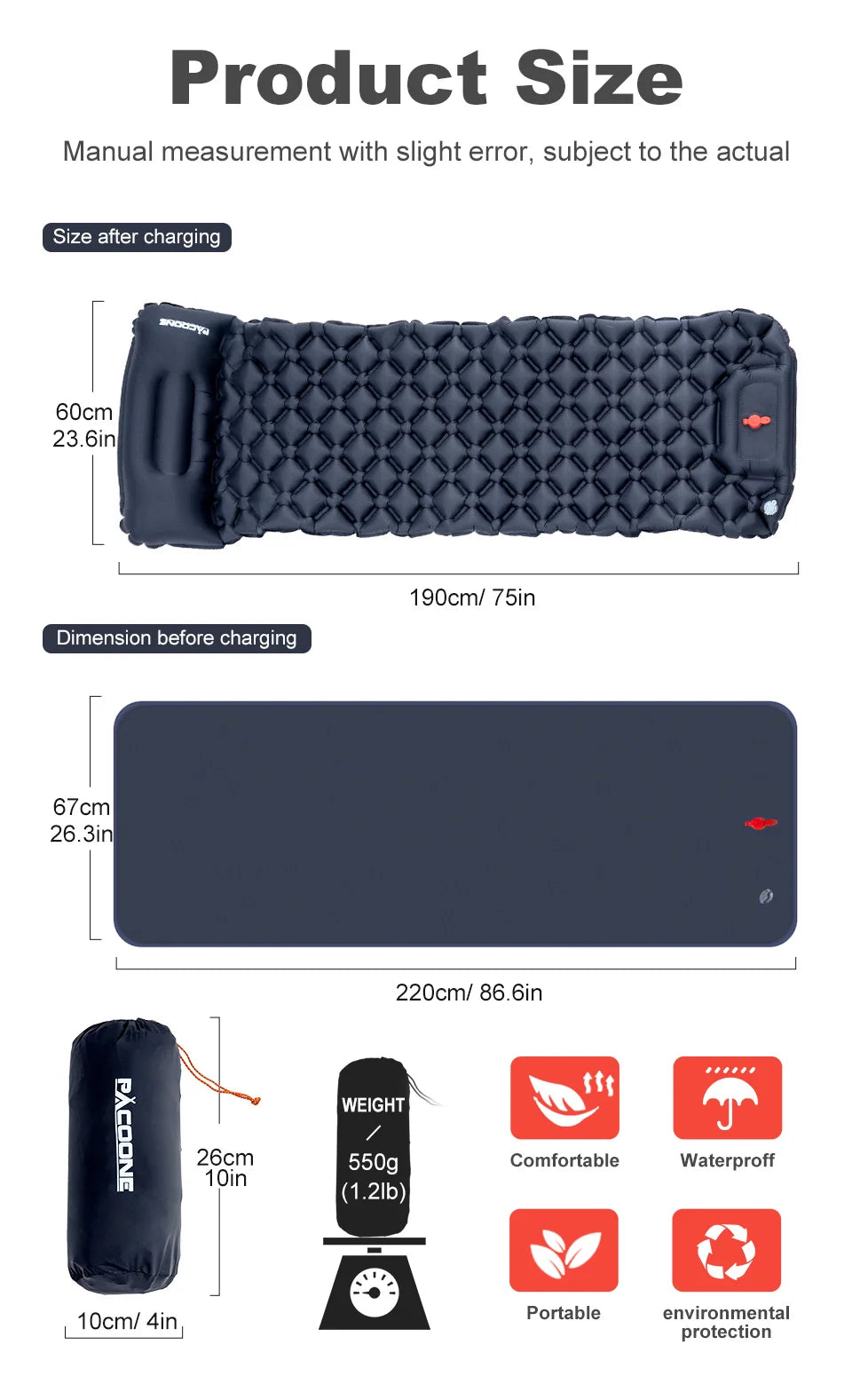 Camping en plein air Gonflable Matelas Couchage Pad Avec Oreillers Ultra Léger Air Mat Intégré Gonfleur Pompe Randonnée