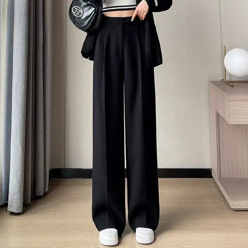 Pantalones rectos de mujer de cintura alta, delgados, informales, de color liso, holgados, elegantes, de pierna ancha, para oficina, a la moda, para otoño