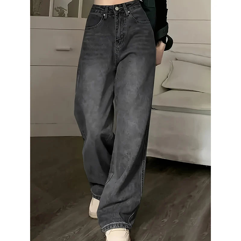 Pantalones vaqueros de mujer de talle alto, estilo urbano, de diseñador, de pierna ancha, gris clásico, gótico, de corte recto, moda