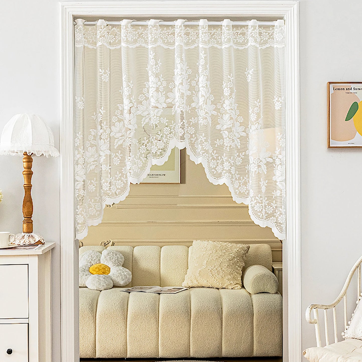 Rideau triangulaire transparent à fleurs blanches, demi-rideau pour petite fenêtre de cuisine, drapé de poche pour tringle de décoration de pays français