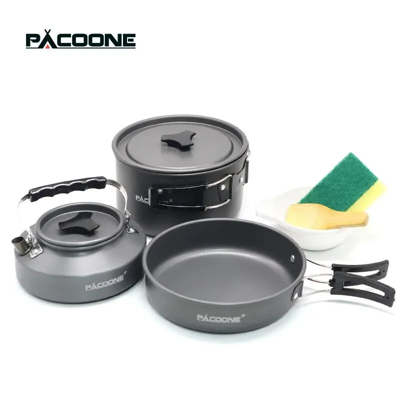 PACOONE – ensemble d'ustensiles de cuisine de Camping, Kit d'ustensiles de cuisine portables, Pot d'extérieur, bouilloire à eau, ensemble de casseroles, vaisselle, équipement de pique-nique de randonnée