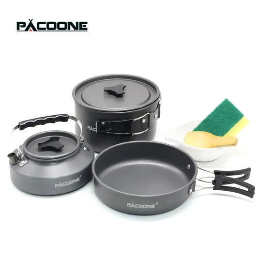 PACOONE – ensemble d'ustensiles de cuisine de Camping, Kit d'ustensiles de cuisine portables, Pot d'extérieur, bouilloire à eau, ensemble de casseroles, vaisselle, équipement de pique-nique de randonnée