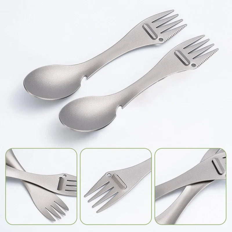 Cuillère fourchette de camping 5 en 1 en titane avec ouvre-bouteille éplucheur à bord dentelé, ustensile d'extérieur portable ultraléger (1 pièce)