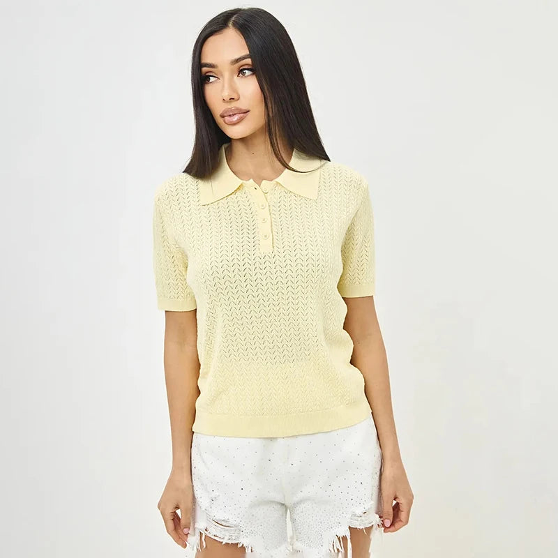 T-shirt femme en maille ajourée 2026 — manches courtes, décontracté, col à revers, tendance, uni
