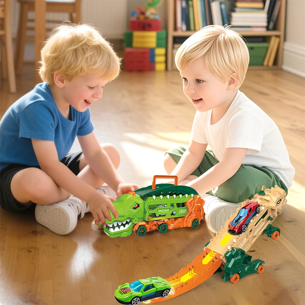 Dinosaur Transport Truck with Fold-out Race Track, Transforms into T-Rex and Standing Tricycle, Best Birthday Gift for Kids