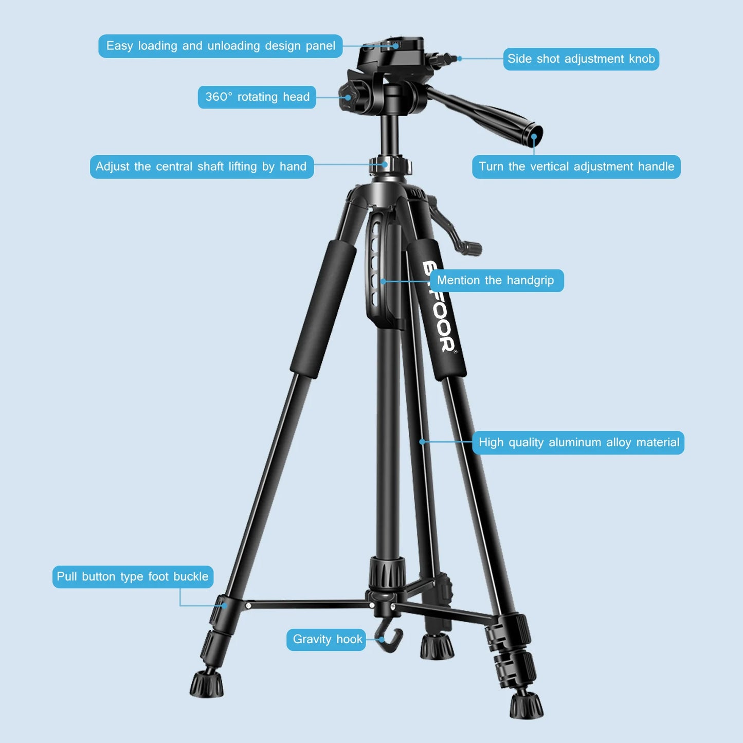 Trépied Photo Aluminium 140cm — Support Téléphone & DSLR Tête Panoramique