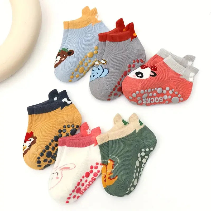 6 paires de chaussettes en coton pour enfants, motif Animal de dessin animé mignon, confortables, respirantes, antidérapantes, pour bébé