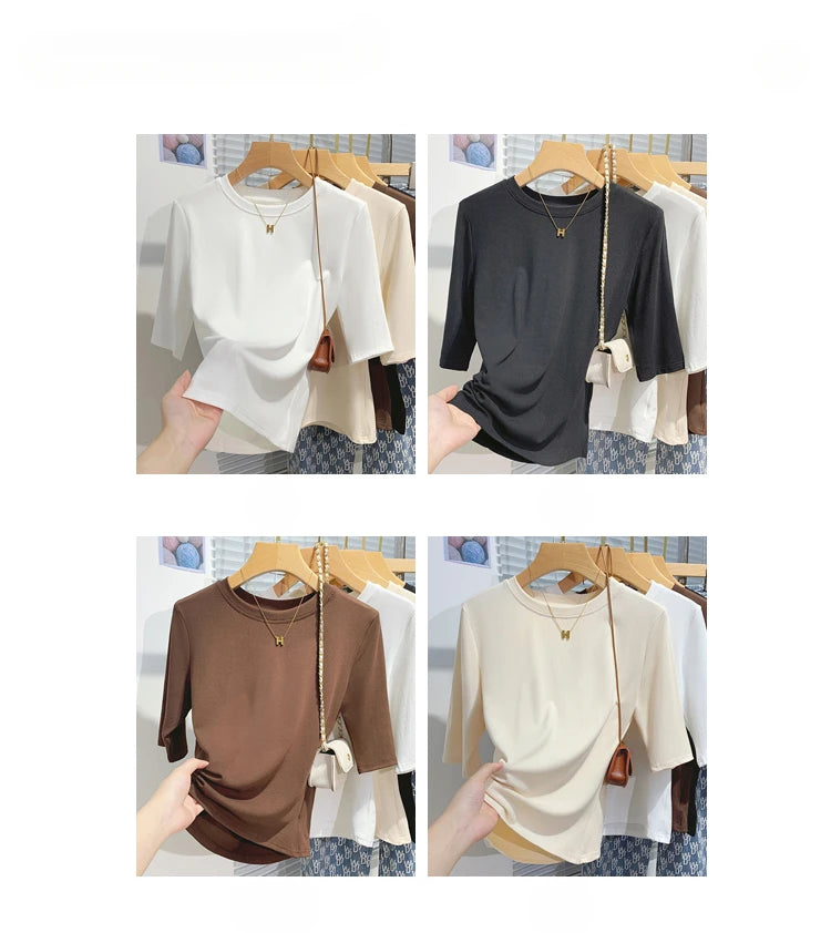 T-shirt femme 100% coton basique — col rond, tendance, uni, manches courtes, été 2026