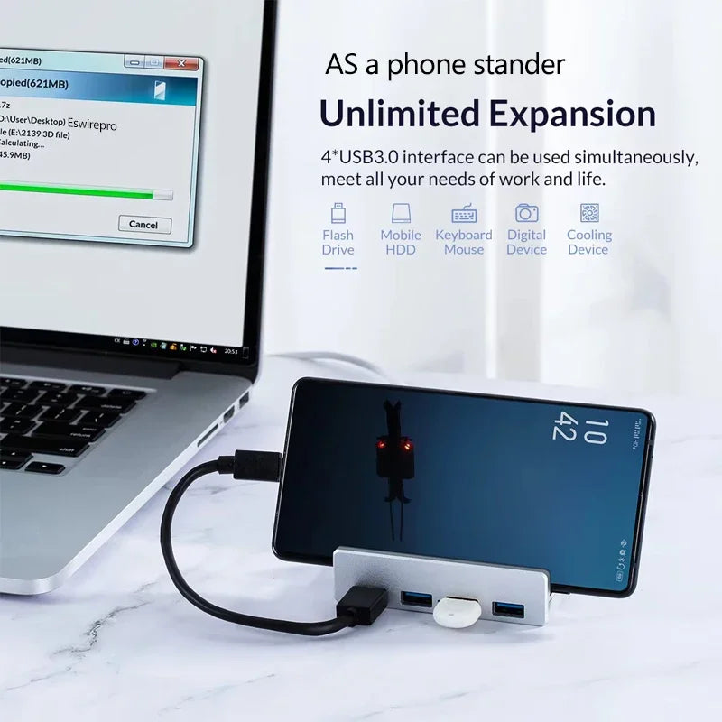 Hub USB 10 Gbps — adaptateur séparateur USB 3.2/3.0/2.0, station d'accueil multi-clips, bureau
