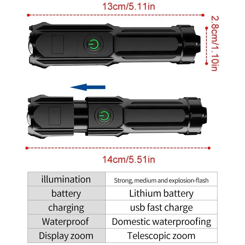 Linterna LED potente, recargable por USB, batería de litio integrada, resistente al agua, con zoom, para pesca, caza, camping, linterna táctica