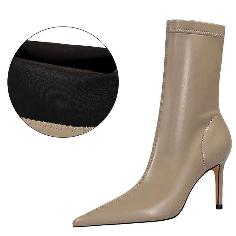 BIGTREE Women's High Heel Leather Boots, Short Ankle Boots, Rinse Shoes, Autumn and Winter