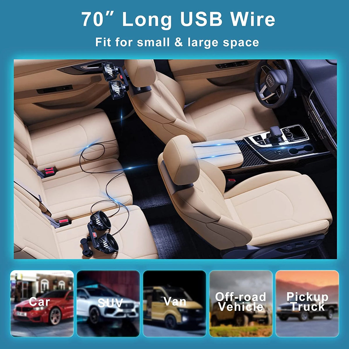 Ventilateur de voiture 360 °   Ventilateur de refroidissement arrière de siège de voiture à 3 vitesses, Charge USB, double tête, refroidisseur de cou à Rotation réglable pour accessoires de voiture et de maison