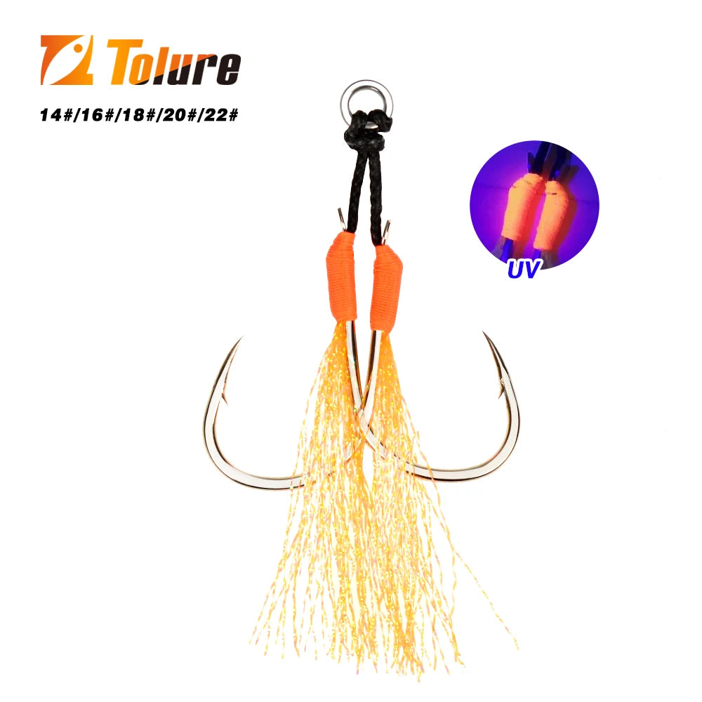 TOLU 10 pièces crochets d'assistance de queue de gabarit en métal 13-22 #   Avec ligne PE plume anneau solide gabarits uv hameçon pour 10-120g leurre crochets de pêche