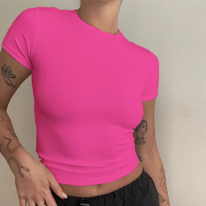 Women's Short Sleeve T-Shirt Slim Fit Tops for Women Round Neck Knitted Sheath T-Shirt Sporty Streetwear 2024 Y2K New2410