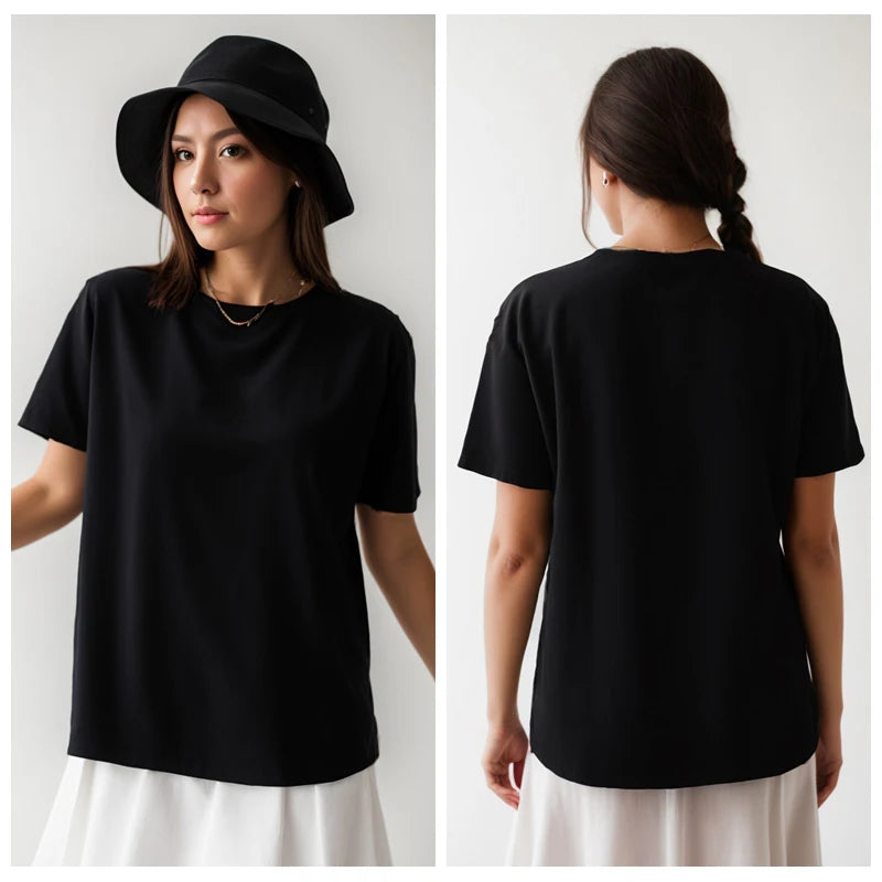 T-shirt en coton manches courtes 220g — Y2K, décontracté, confortable, noir et blanc, col rond, femme