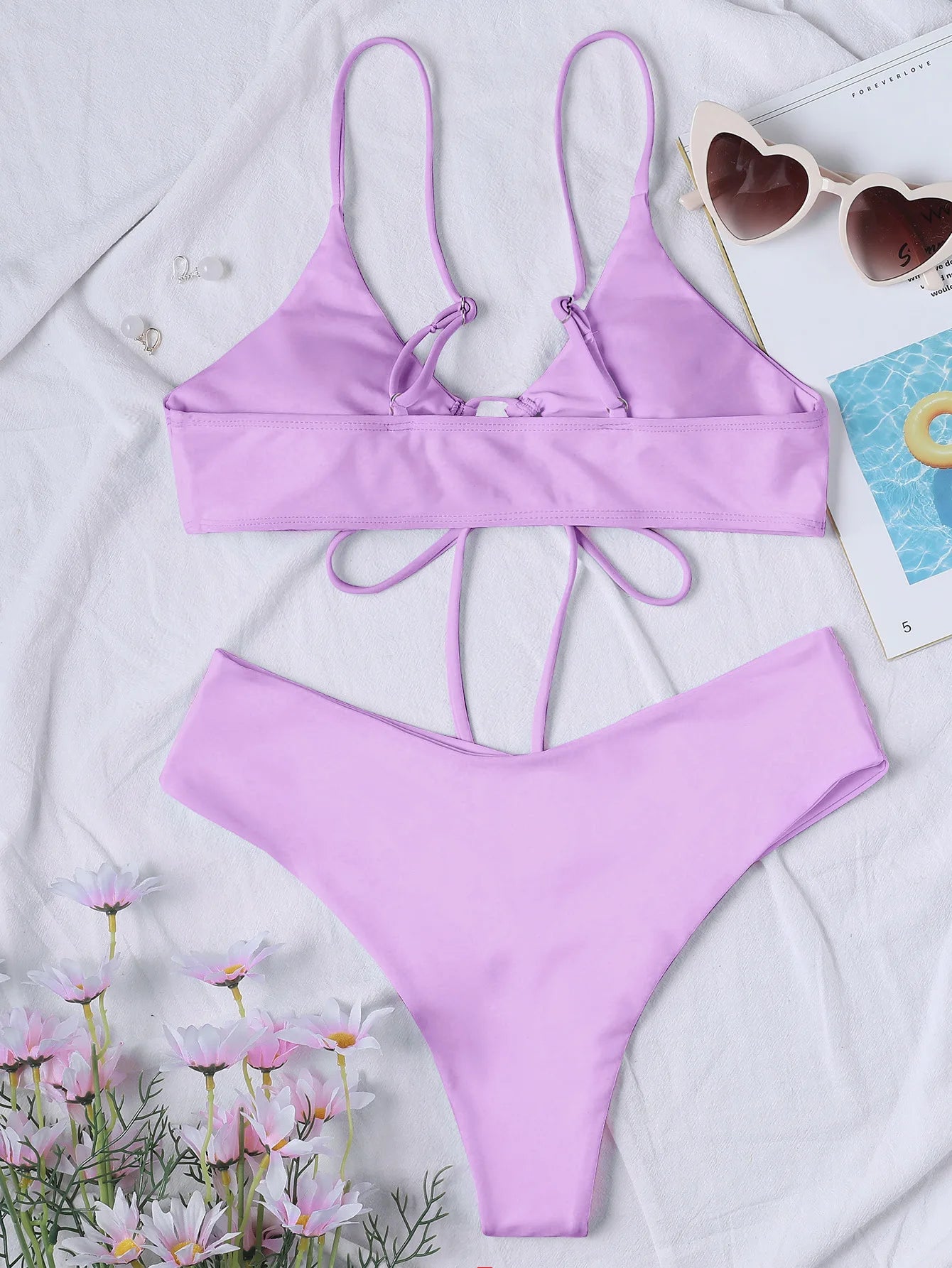 Nouveau ensemble de Bikini à haute élasticité pour 2025 été deux pièces couleur unie à lacets Sexy femmes maillot de bain plage maillot de bain maillots de bain