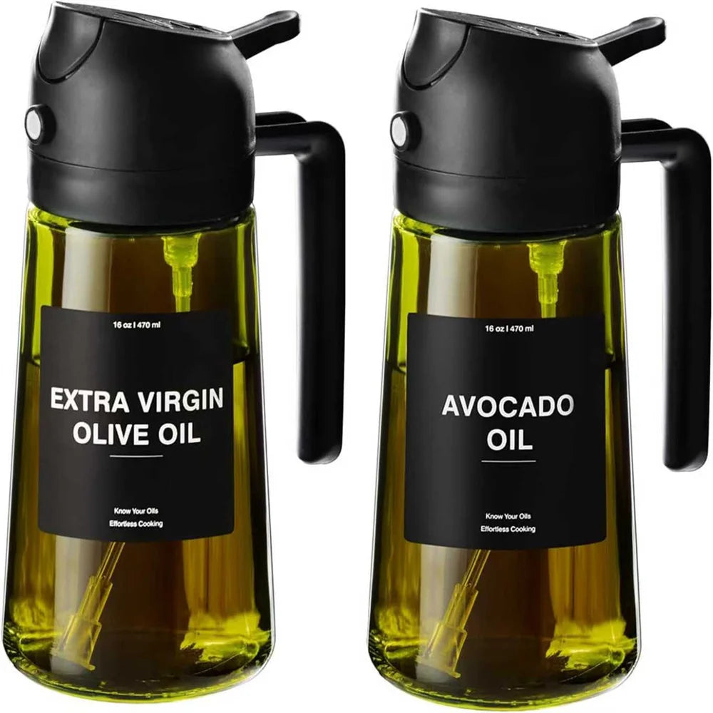 Pulvérisateur d'huile pour la cuisine de 470 ml, distributeur d'huile d'olive 2 en 1 et flacon pulvérisateur d'huile, vaporisateur d'huile avec autocollants, flacon pulvérisateur en verre épais