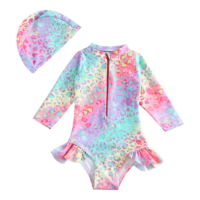 Maillot de bain une pièce avec chapeau de soleil pour petites filles de 1 à 2 3 4 5 6 ans, manches à volants léopard, fermeture éclair, vêtements de plage pour bébé