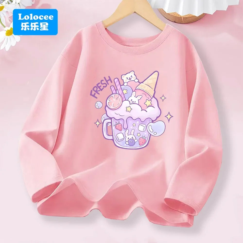 T-shirt rose à manches longues pour filles de 3 à 14 ans, haut en coton pour enfants, mignon "FRESH", imprimé boisson et Animal, nouvelle collection printemps 2026
