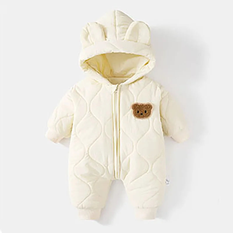 Baby Winter Outerwear, Fur Lined, Warm Infant Romper, Girl and Boy Cartoon Bear Jumpsuit