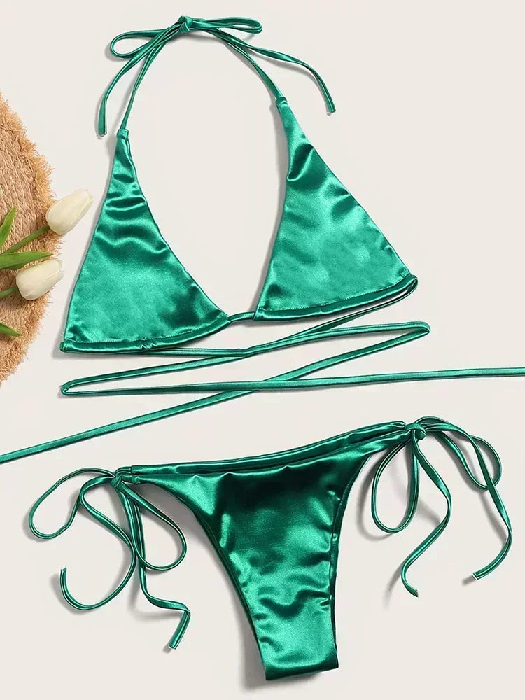 Licou brésilien métallique Satin Bikini femmes maillots de bain femme maillot de bain deux pièces Bikini ensemble coupe haute maillot de bain maillots de bain