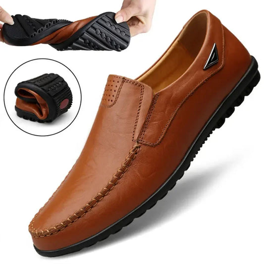 Zapatos de cuero genuino para hombre, casuales, transpirables, sin cordones, negros, para conducir, talla grande 46, 2023