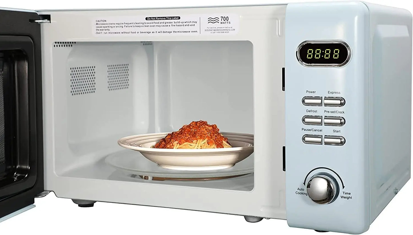 Microondas compacto retro MWR7020BL con control por pomo, pantalla LED, 700 W, 5 niveles de potencia, 8 menús automáticos, plato de cristal