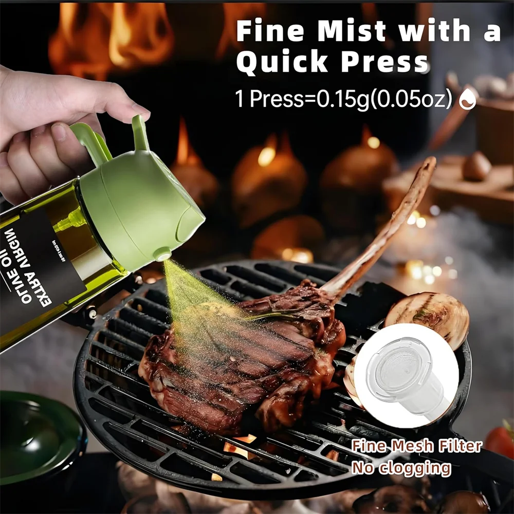 Pulvérisateur d'huile pour la cuisine de 470 ml, distributeur d'huile d'olive 2 en 1 et flacon pulvérisateur d'huile, vaporisateur d'huile avec autocollants, flacon pulvérisateur en verre épais