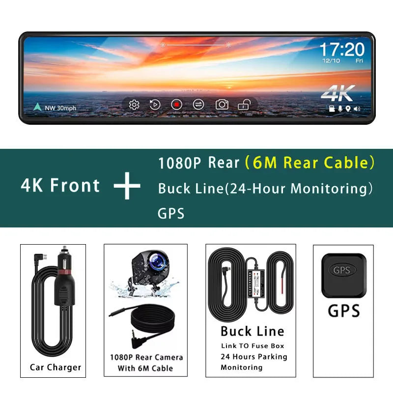 Dashcam Rétroviseur 4K UHD 2160P GPS WiFi — 11,26" IPS Double Lentille