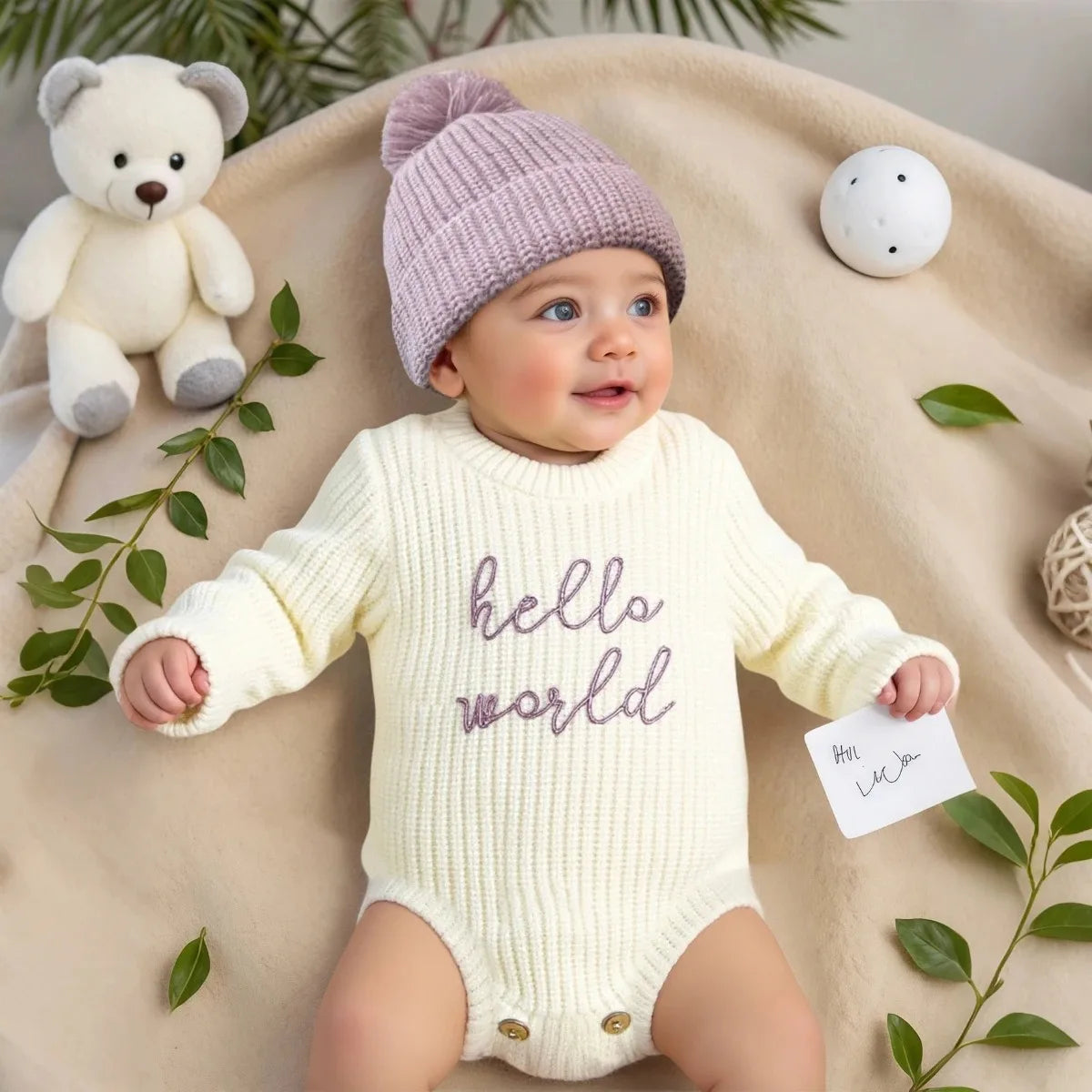 Barboteuse tricotée pour nouveau-né — chapeau à pompon, pull bébé garçon et fille, séance photo HD (v5)