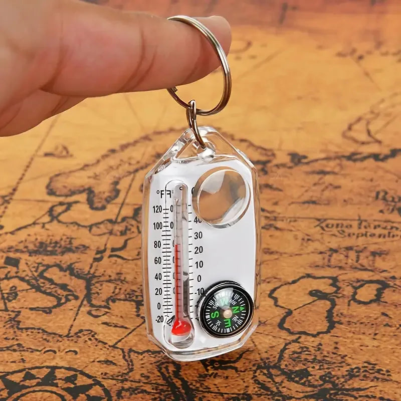 Porte-clés 3 en 1 avec boussole, thermomètre portable, loupe, outils de survie, essentiels pour le camping