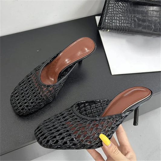 Aneikeh Fashion Square Toe Hollow Out Mules Pumps Summer Stilettos Women Slippers Breathable Mesh Sandals Femme Shoes