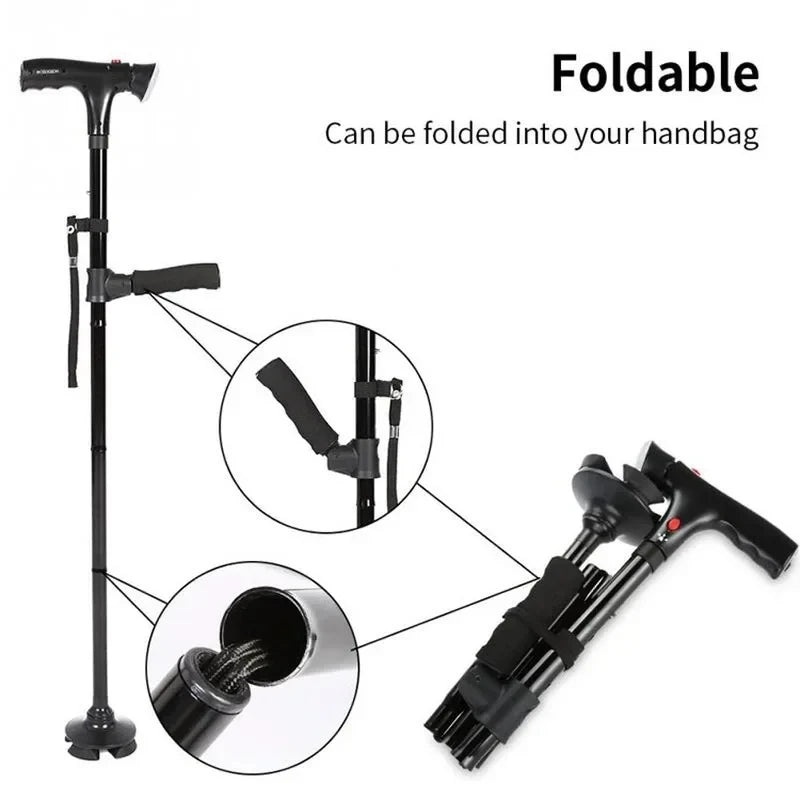 Canne pliante télescopique pliable pour personnes âgées, LED avec alarme, bâtons de marche, béquilles pour personnes âgées pour mères et pères âgés