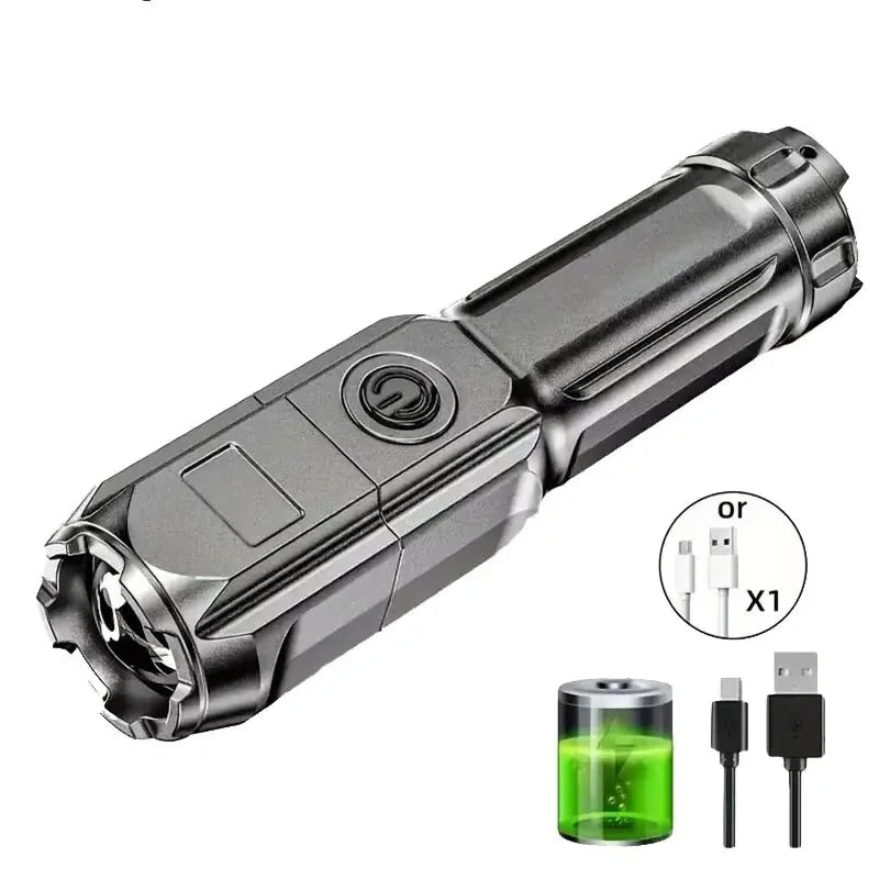 Linterna LED potente, recargable por USB, batería de litio integrada, resistente al agua, con zoom, para pesca, caza, camping, linterna táctica