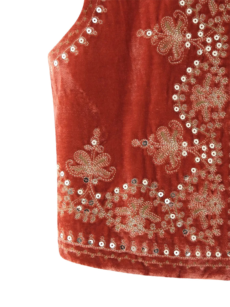 Gilet brodé noir Vintage à motif Floral pour femmes, sans manches, ouvert sur le devant, court polyvalent, vêtements d'extérieur y2k, Cardigan Boho court
