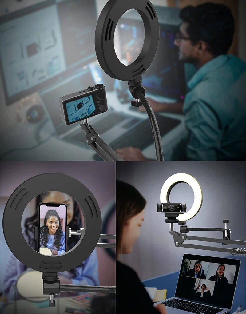 Trépied aérien pour téléphone avec anneau lumineux, support de téléphone portable de bureau pour Table de prise de vue vidéo, support Mobile pour enregistrement de tournage