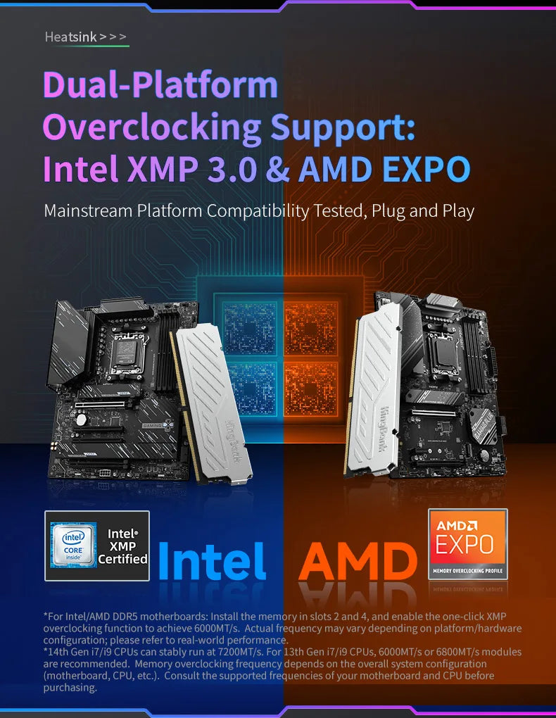Mémoire RAM DDR5 KingBank 8 Go / 8 Go x 2 / 16 Go x 2 6000 MHz pour ordinateur de bureau CL36/CL30 XMP 3.0/AMD EXPO avec dissipateur thermique argenté
