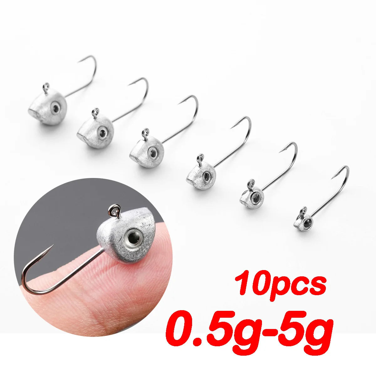 Mini crochet à tête de gabarit avec yeux 3D, leurre souple, ver de pêche, bar, crappie, 0.5g, 1g, 2g, 3g, 4g, 5g, 10 pièces
