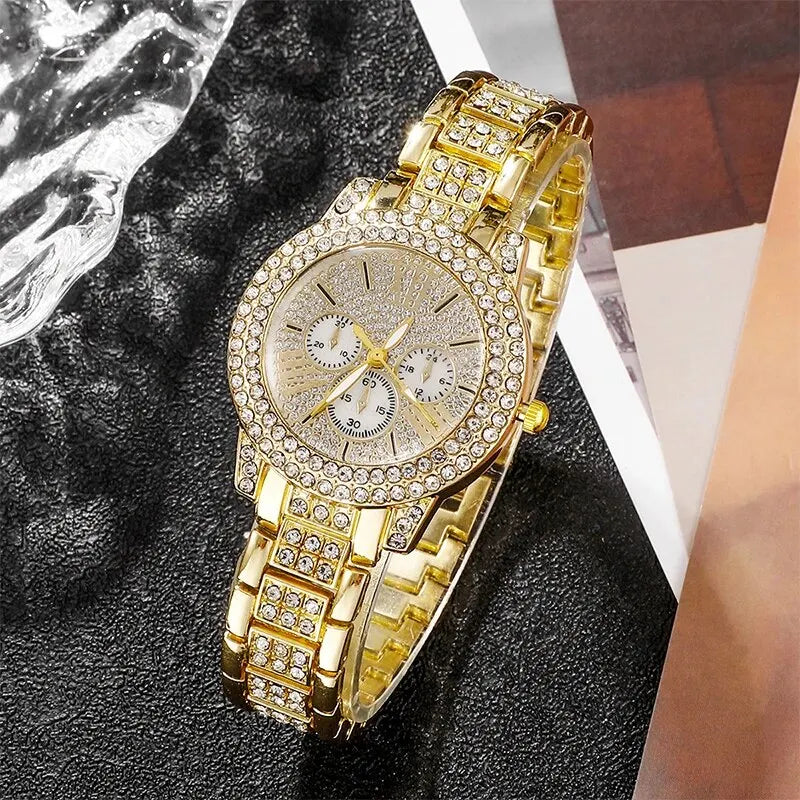 Women's Luxury Gold Quartz Watch, Jewelry Set, Ring, Necklace, Earrings, Rhinestones, Casual Fashion