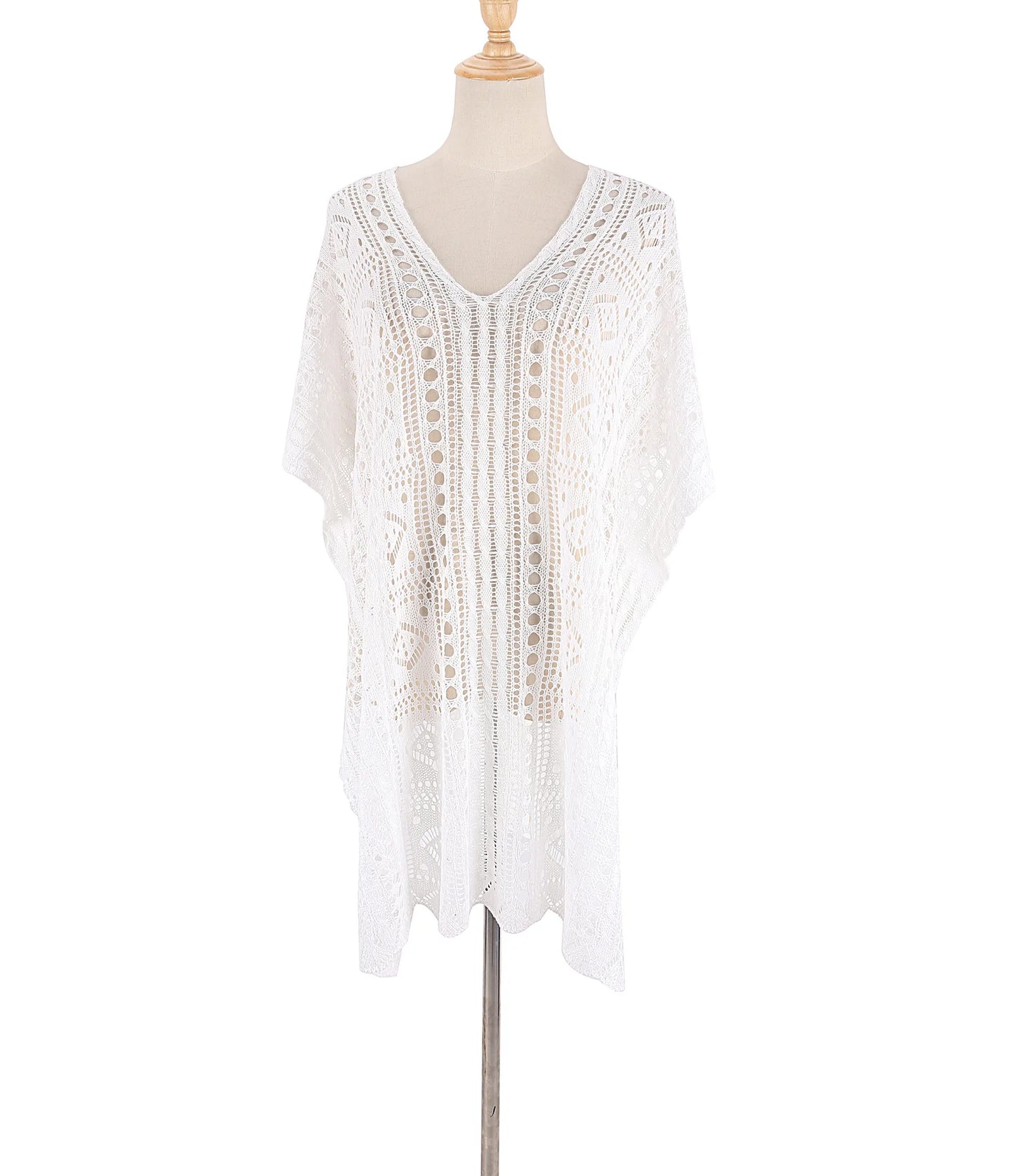 2025 Vestido de ganchillo blanco de punto para playa, túnica larga, pareos, cobertores de bikini, vestido de playa, ropa de playa