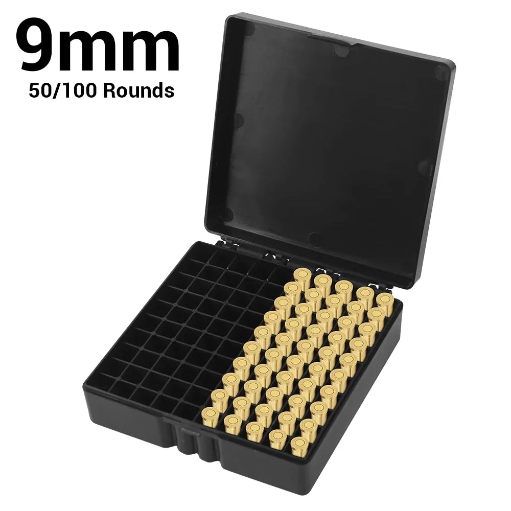 Boîte à balles tactique 50/100 cartouches, boîte de rangement de transport de munitions pour pistolet de 9mm, étui à balles dur rabattable, accessoire de chasse
