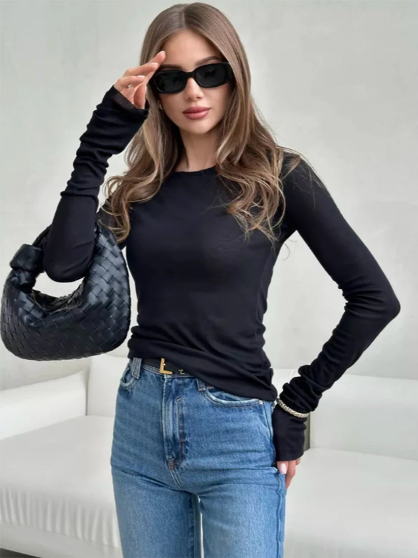 T-shirt femme mince marron 2026 — décontracté, col rond, manches longues, élégant, simple