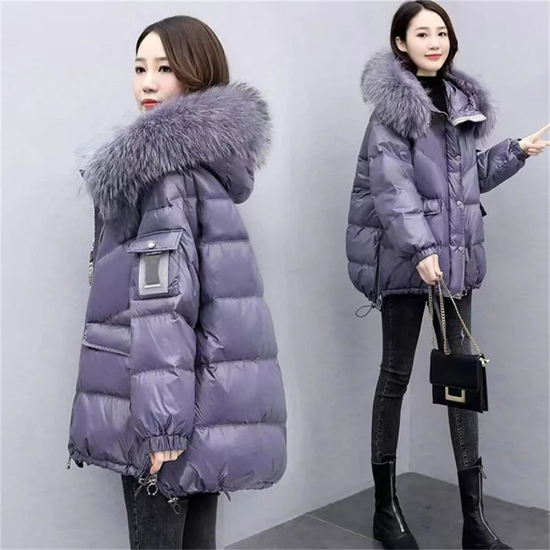 Veste en duvet de coton pour femme, mi-longue, Version coréenne, ample, épaisse, grand col en laine, à capuche, nouvelle collection hiver 2024