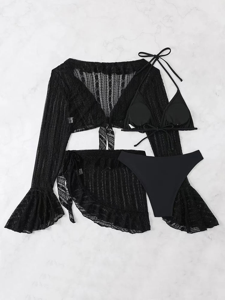 Maillot de bain sexy quatre pièces pour femme 2026, ensemble bikini uni à manches longues avec paréo, tenue de plage brésilienne pour l'été et les fêtes