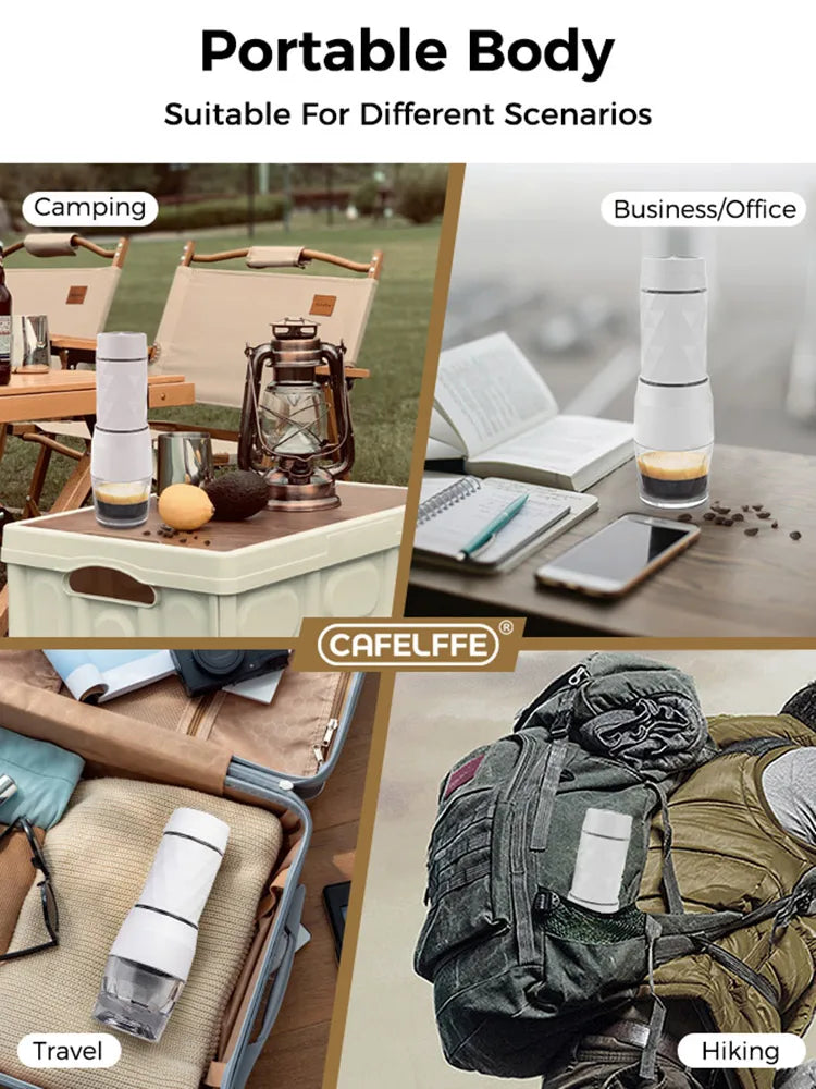 Machine à café portable 3 en 1 — eau chaude/froide, expresso manuel, capsules et café moulu, randonnée