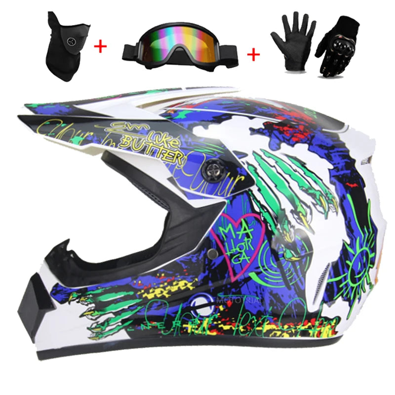 Kids Full Face Motorcycle Helmet, Youth Motocross Helmets, Off-Road Goggles, Cycling Protective Gloves