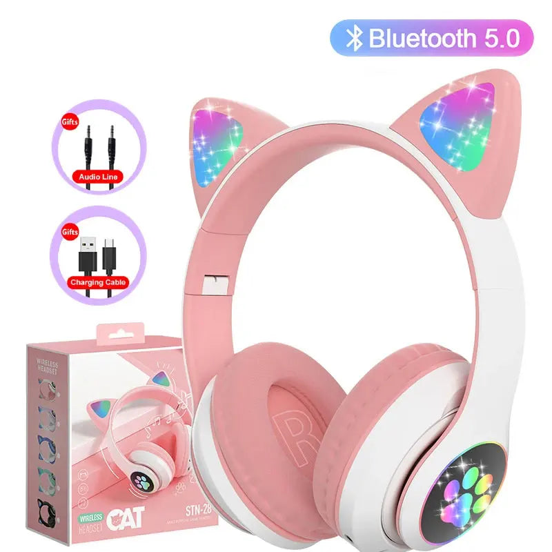 Lampe Flash oreilles de chat mignonnes, casque d'écoute stéréo bluetooth 5.0 avec Support de micro, carte TF, sans fil, pour enfants filles, cadeau d'anniversaire