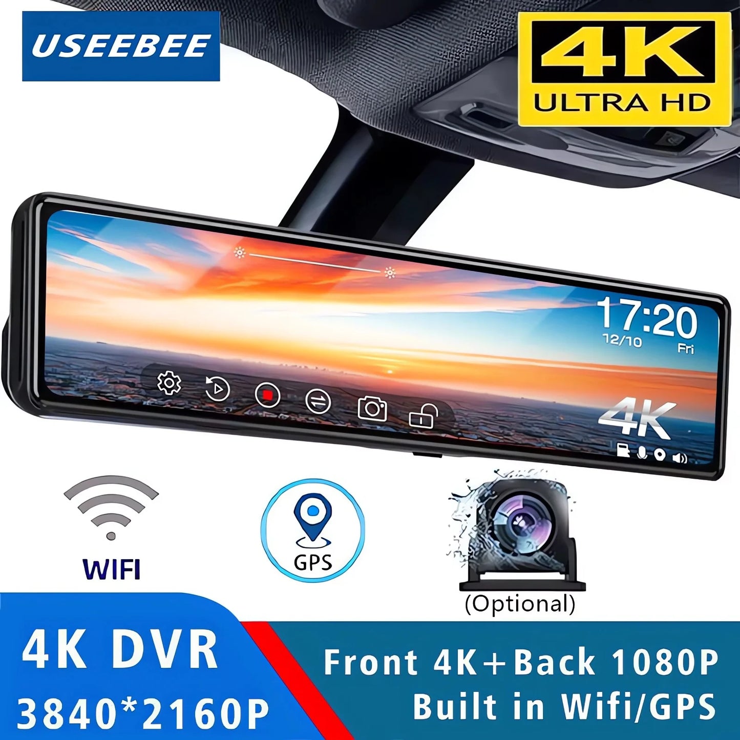 Dashcam Rétroviseur 4K UHD GPS WiFi — 11,26" IPS Double Lentille Enregistreur