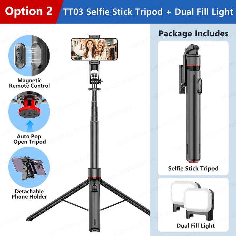 TOKQI TT03 — Perche à Selfie Extensible 1.76m Ouverture Auto Télécommande Magnétique