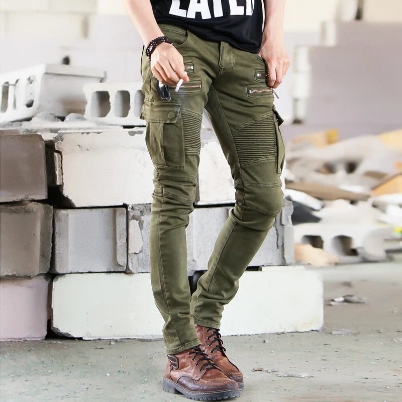 Men's Green Denim Biker Jeans, Slim Fit, Elasticated, Hip Hop, Military, Motorcycle, Cargo, New Track, DistMurcia